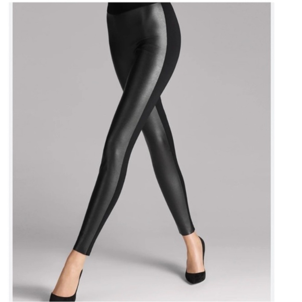 WOLFORD Lindsey Faux Leather Front Black Leggings Sz 8
